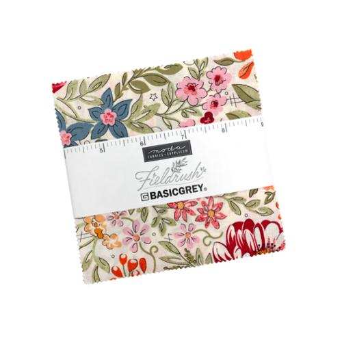 Fieldrush Charm Pack 42 five-inch fabric squares by BasicGrey for Moda Fabrics with gentle florals and soft earth tones