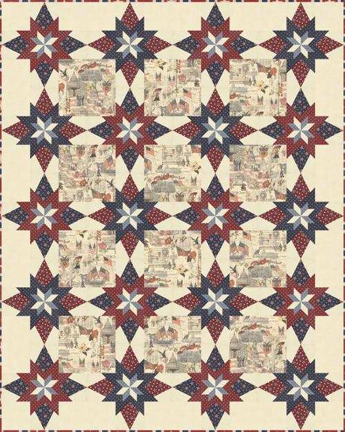 Noel Quilt Kit featuring patriotic star pattern with red, white, and blue fabric squares and vintage Americana prints
