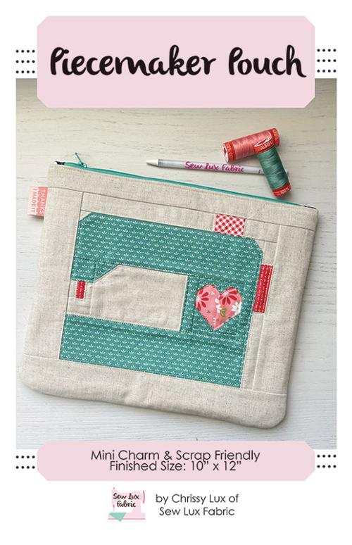 Piecemaker Pouch Pattern by Chrissy Lux beige pouch with teal sewing machine design and heart applique for storing sewing notions