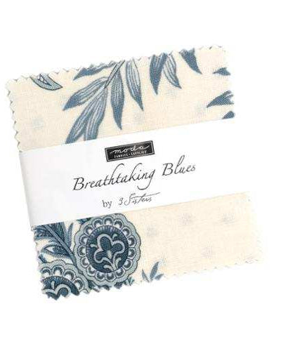 Pre-order Breathtaking Blues charm pack with 42 blue and cream fabric squares by 3 Sisters for Moda Fabrics