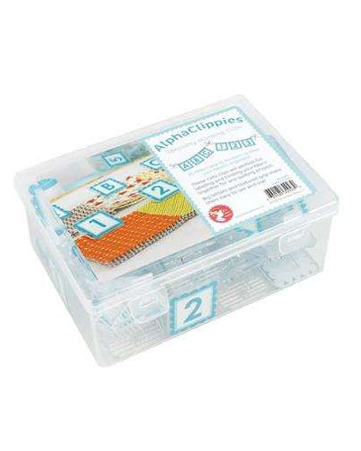 AlphaClippies ISE 7020 clear box with colorful alphabet and number fabric clips for quilting organization