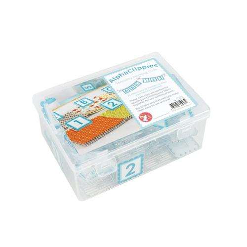 AlphaClippies ISE 7020 clear box with colorful alphabet and number fabric clips for quilting organization