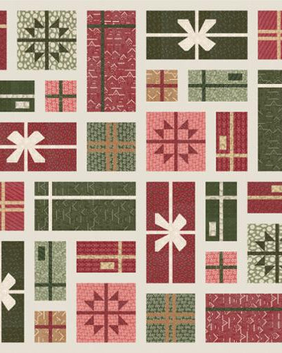 Gingerbread Lane Quilt Kit fabric squares in red, green, and pink gift wrap designs by Kiley's Quilt Room for Moda Fabrics