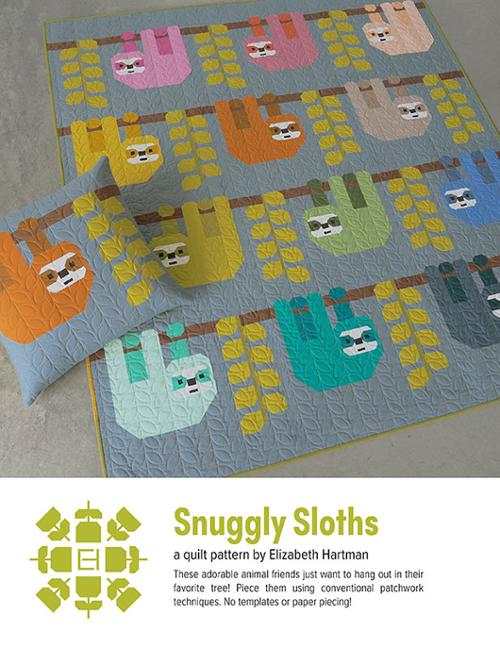 Snuggly Sloths Quilt Pattern featuring patchwork sloths hanging on a tree with rotary-cut squares and rectangles