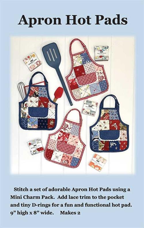 Apron Hot Pads pattern by Joyce Minnis featuring quilted kitchen accessories with pockets and insulation