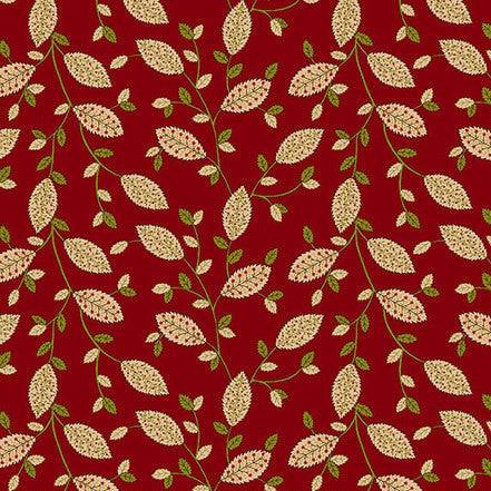Baubles & Balsam cranberry fabric with gold holiday leaves and green vines by Kim Diehl
