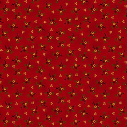 Baubles & Balsam fabric with hollyberry sprigs cranberry pattern by Kim Diehl on red background