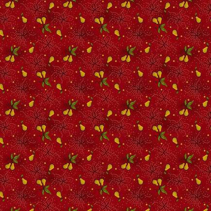 Baubles & Balsam Pear Orchard Cranberry red fabric with yellow pears and green leaves pattern by Kim Diehl