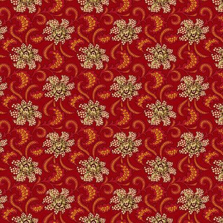 Baubles & Balsam holiday foulard fabric with cranberry background and ornate floral paisley patterns