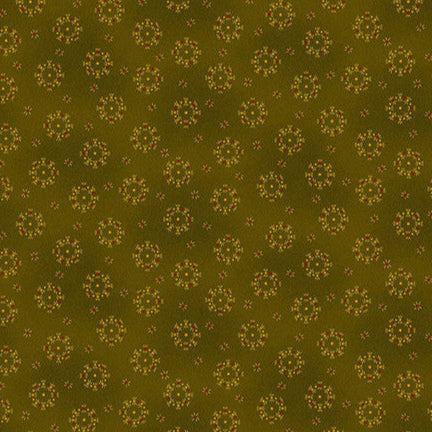 Baubles & Balsam Evergreen Berry Wreaths fabric with olive green background and red floral wreaths pattern