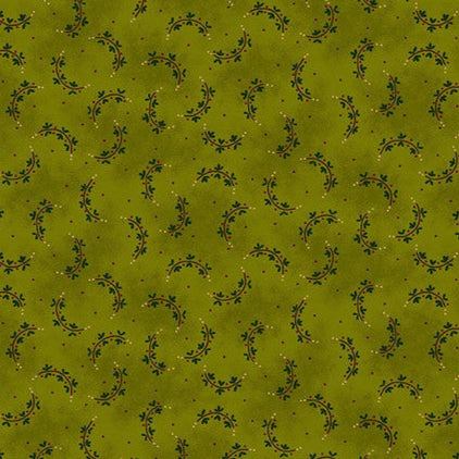 Baubles & Balsam Heart Sprays Evergreen fabric with olive green and holiday-themed floral pattern