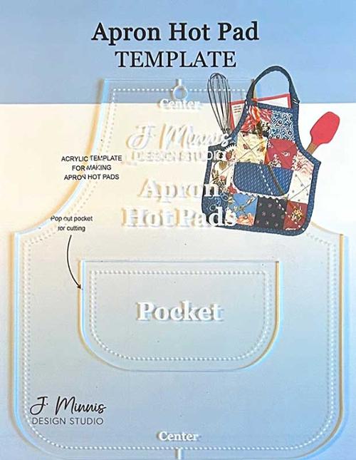 Apron Hot Pad Template with lace trim and D-rings by Joyce Minnis, finished size 9x8 inches