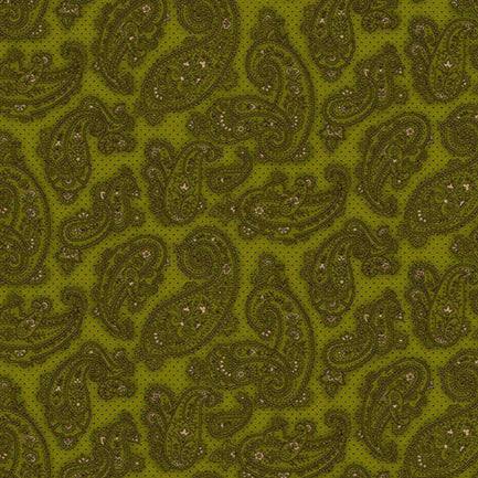 Baubles & Balsam Fancy Paisley fabric in evergreen with ornate paisley and subtle decorative accents by Kim Diehl for Henry Glass & Co.