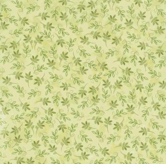 Daydreams Sprigs Green fabric with stylized green leaf pattern on light yellow background for quilting