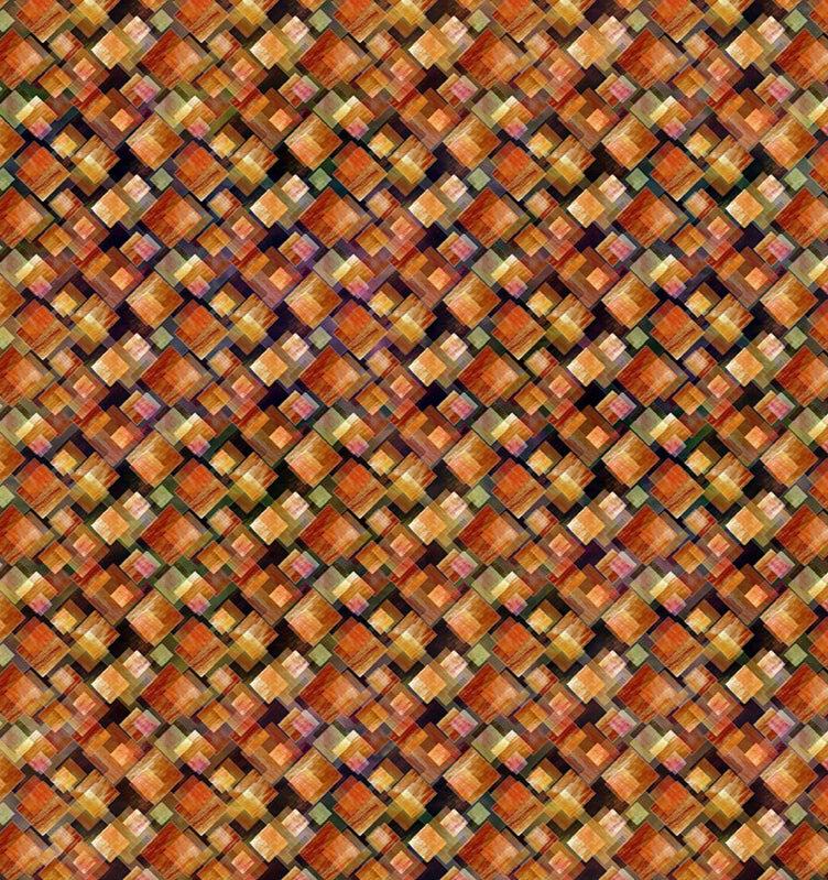 Falling Leaves fabric by Jason Yenter with vibrant autumn leaf squares in fiery oranges, reds, yellows, and blacks