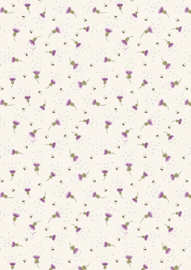 Celtic Summer fabric with bee and thistle pattern on cream background from Lewis & Irene Fabrics