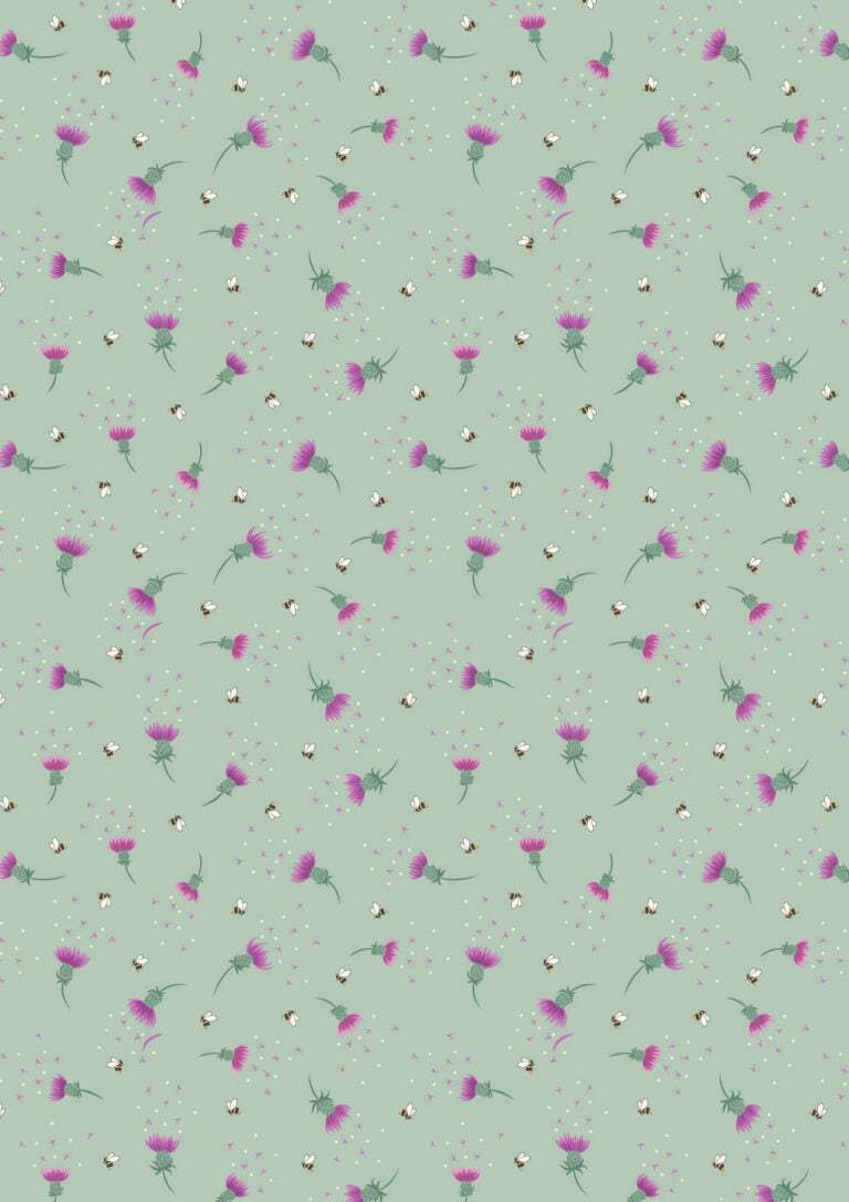 Celtic Summer Bee Thistle fabric on sage green from Lewis & Irene