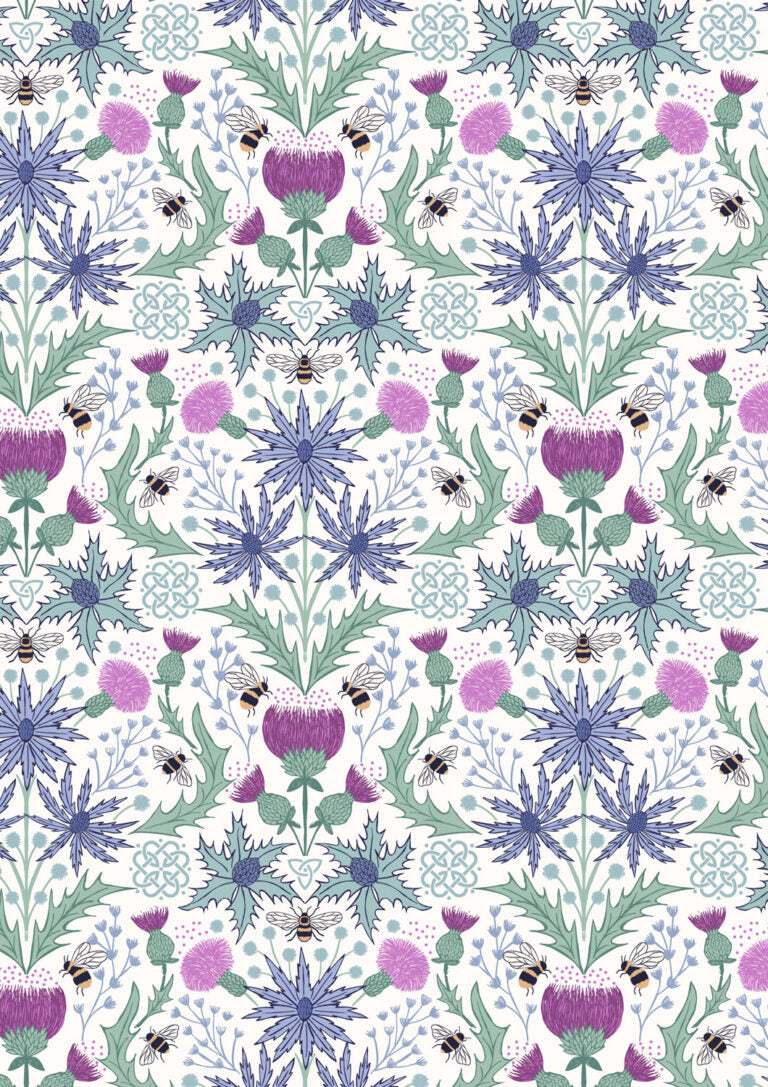 Celtic Summer fabric with mirrored thistle and bee on cream background from Lewis & Irene Fabrics