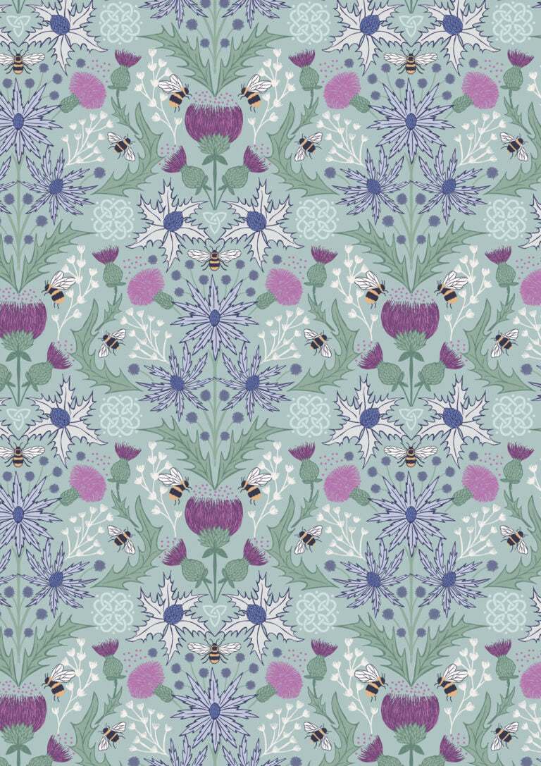 Mirrored thistle and bee on duck egg blue fabric from Celtic Summer collection by Lewis & Irene Fabrics