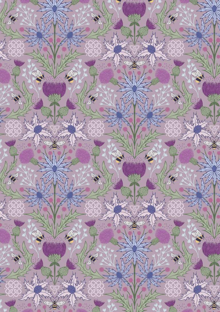 Celtic Summer fabric with mirrored thistle and bee on heather background by Lewis & Irene