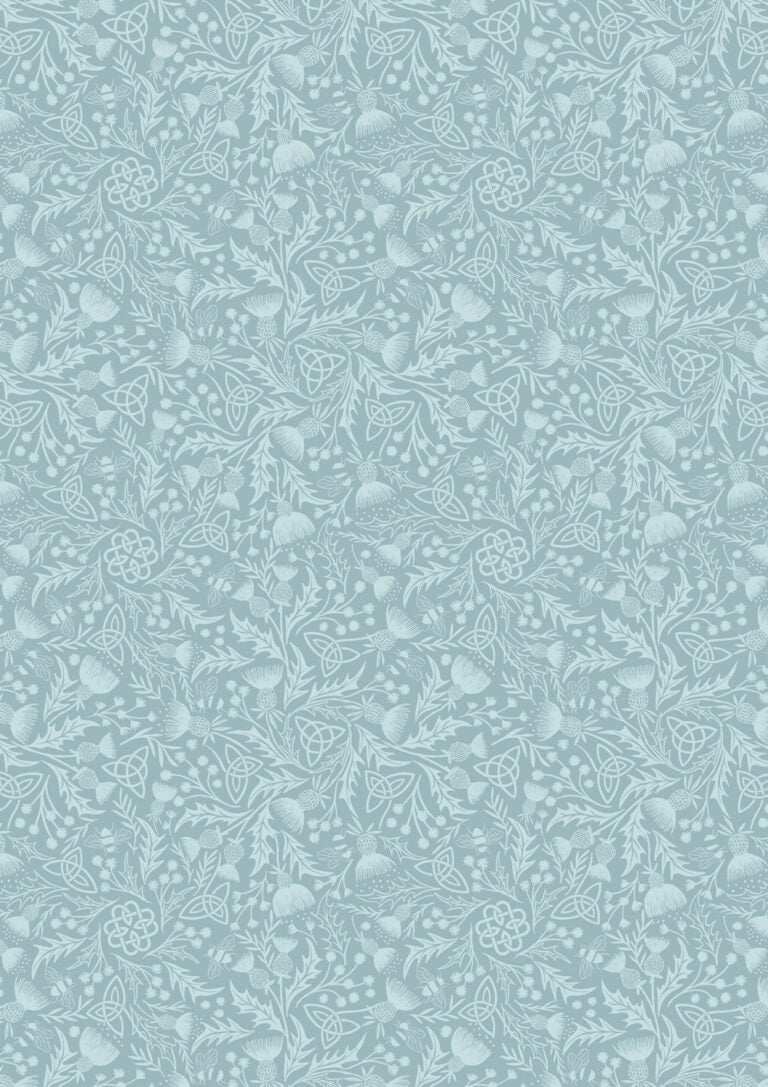 Celtic Summer fabric with Celtic Thistle pattern in duck egg blue from Lewis & Irene Fabrics