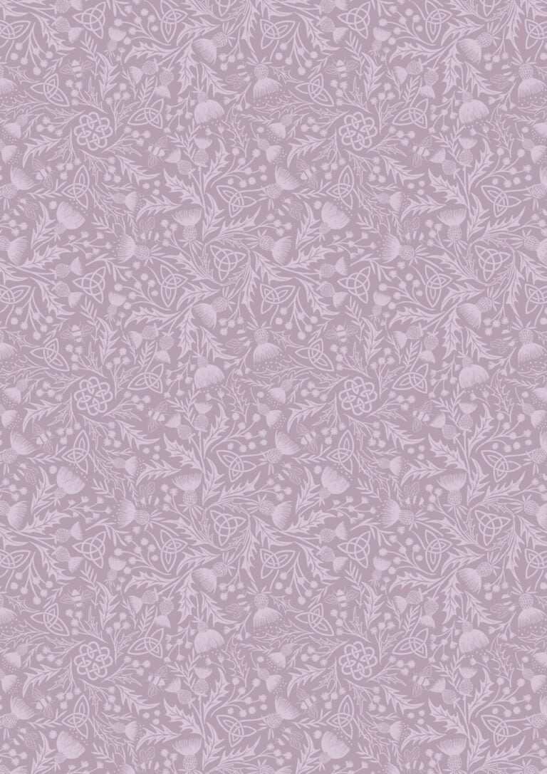 Celtic Summer fabric with thistle and floral design in soft purple and blue tones from Lewis & Irene