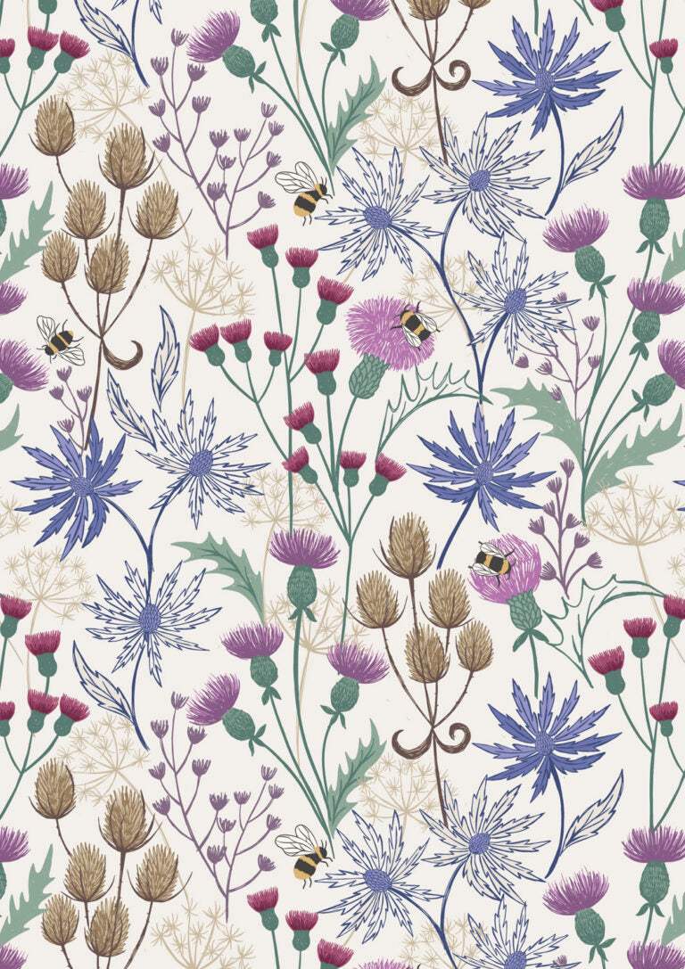 Celtic Summer Fabric with floral and Highland cow design on cream background by Lewis & Irene
