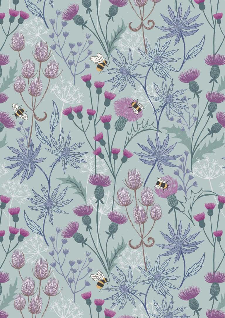 Celtic Summer floral fabric in blue by Lewis & Irene featuring Celtic floral patterns and Highland cows