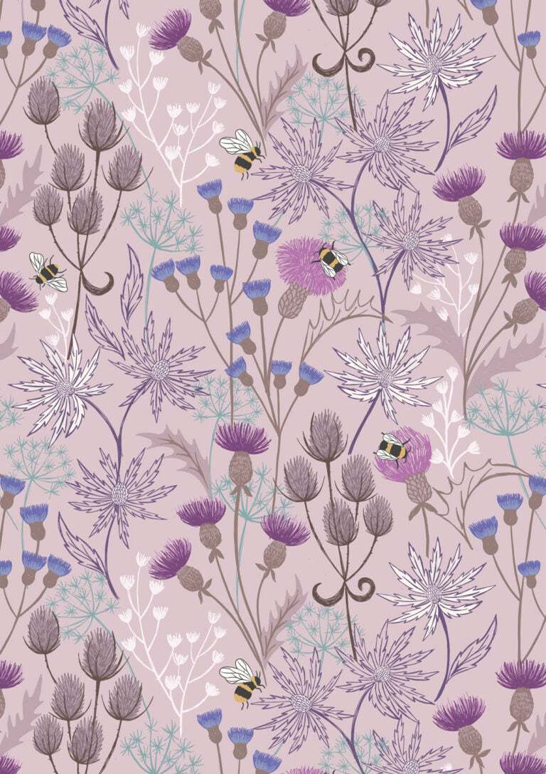 Celtic Summer fabric with Celtic floral and Highland cows on light heather background from Lewis & Irene Fabrics