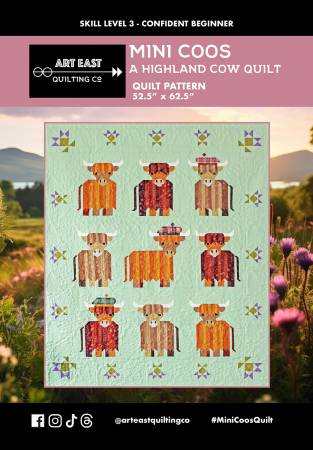 Mini Coos Highland Cow quilt pattern featuring adorable coos with optional Scottish tams and thistle borders, skill level confident beginner, 52.5" x 62.5" finished size