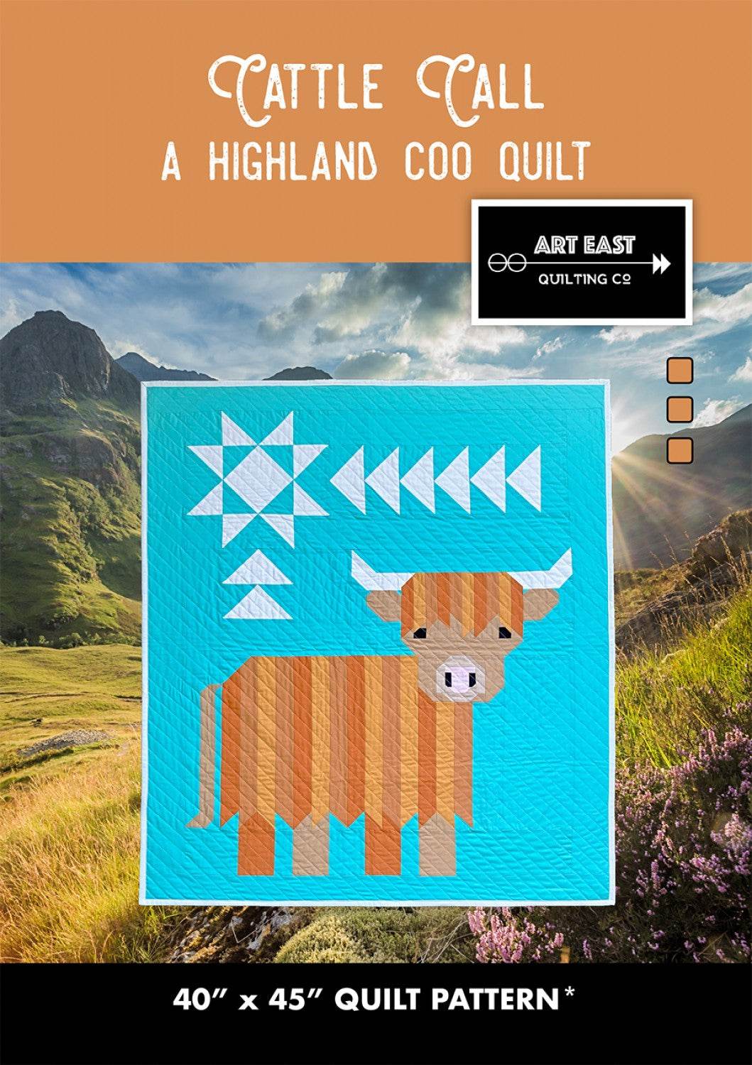 Cattle Call Quilt Pattern featuring a highland cow design for a 40x45 inch quilt by Art East Quilting Co