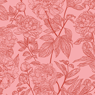 Indelible by Anna Maria Textiles floral peony rouge fabric with intricate linework in pink and red tones
