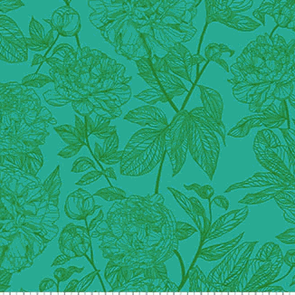 Indelible by Anna Maria Textiles Peony Jade floral fabric in turquoise sold by half yard