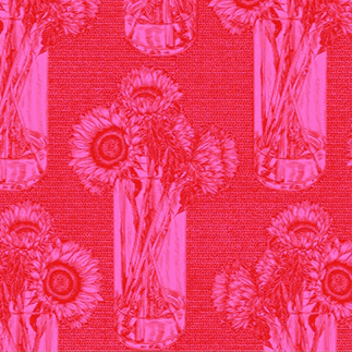 Indelible by Anna Maria Textiles Sunflowers Candy fabric with detailed floral vase design in red tones sold by Northcott Fabrics