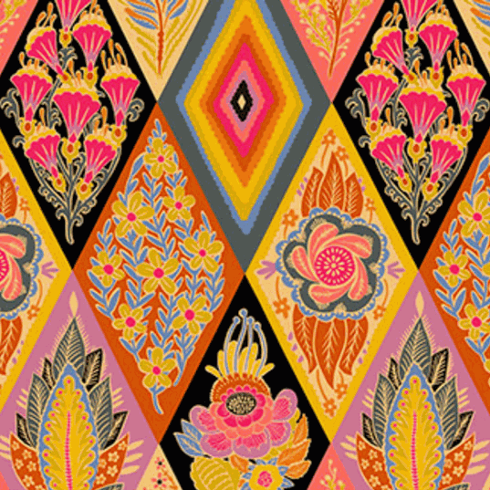 Shooting Star fabric by Anna Maria Textiles with vibrant floral diamond pattern in honey tones