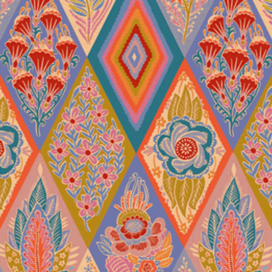 Shooting Star fabric by Anna Maria Textiles with vibrant floral and geometric patterns in periwinkle and multicolor designs