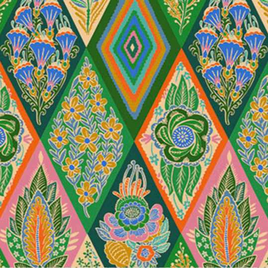 Shooting Star fabric by Anna Maria Textiles featuring vibrant floral and geometric patterns in jade and colorful hues