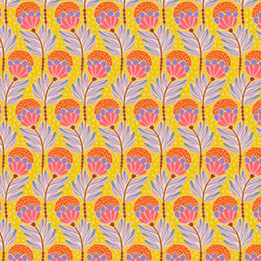 Shooting Star by Anna Maria fabric with vibrant saffron background and colorful bouncy bloom floral pattern