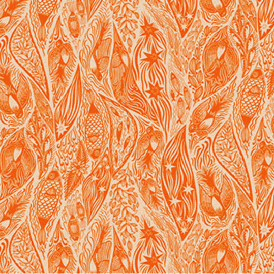Shooting Star fabric by Anna Maria Textiles in vibrant tangerine with intricate botanical and star patterns