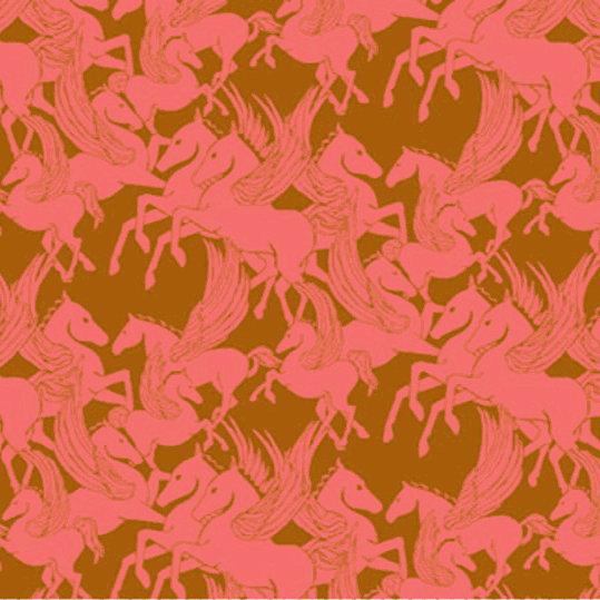Shooting Star fabric by Anna Maria Textiles featuring pink winged horses on brown background