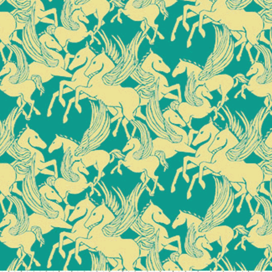 Shooting Star by Anna Maria Textiles turquoise fabric with yellow winged horses pattern for quilting and crafts