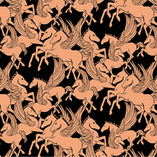 Shooting Star fabric by Anna Maria Textiles featuring peach winged horses on black background