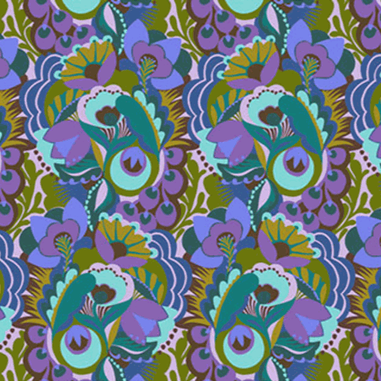 Shooting Star fabric by Anna Maria Textiles for Northcott with vibrant purple, teal, and green floral design