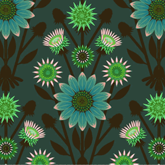 Iconic by Anna Maria floral fabric pattern with blue and green flowers on dark background