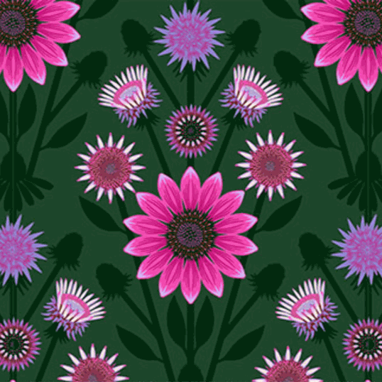 Iconic by Anna Maria Textiles floral fabric with pink and purple flowers on sage green background