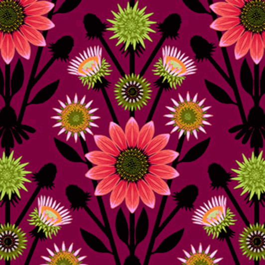Iconic by Anna Maria floral fabric Lifespan pattern in eggplant with bright pink and green flowers
