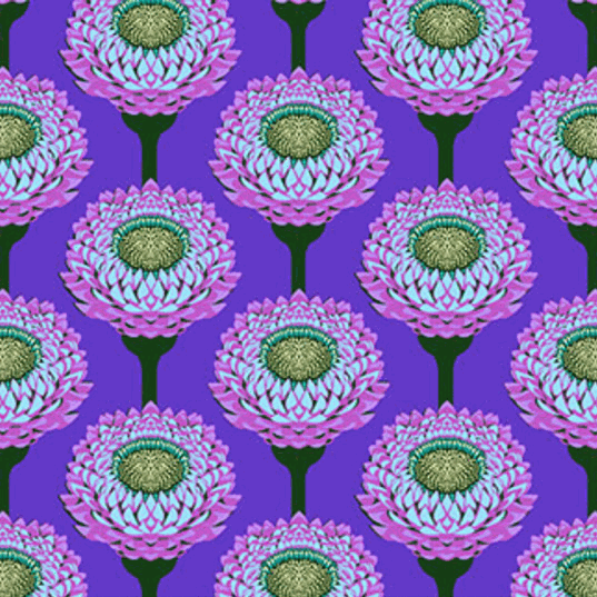 Iconic by Anna Maria Textiles Strawflower fabric in periwinkle with floral pattern on purple background