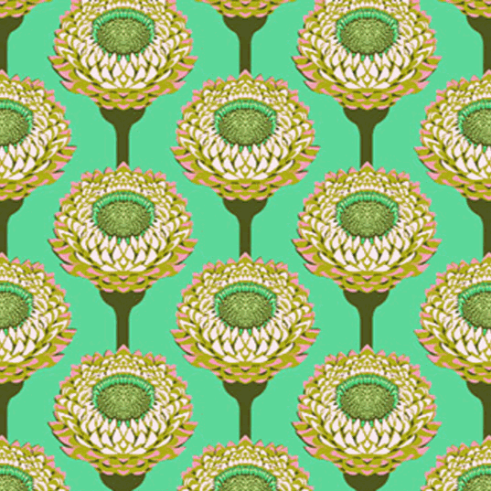 Iconic by Anna Maria Strawflower floral fabric pattern in aqua by Northcott Fabrics