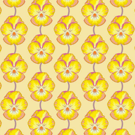 Iconic by Anna Maria yellow pansy floral fabric by Northcott in muted tones