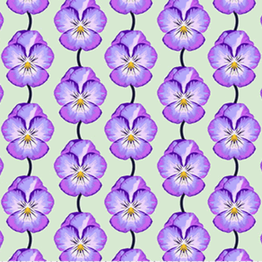 Iconic by Anna Maria lavender pansy floral fabric pattern on light green background
